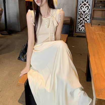 Plain Sleeveless Dress A-Line Crewneck Midi