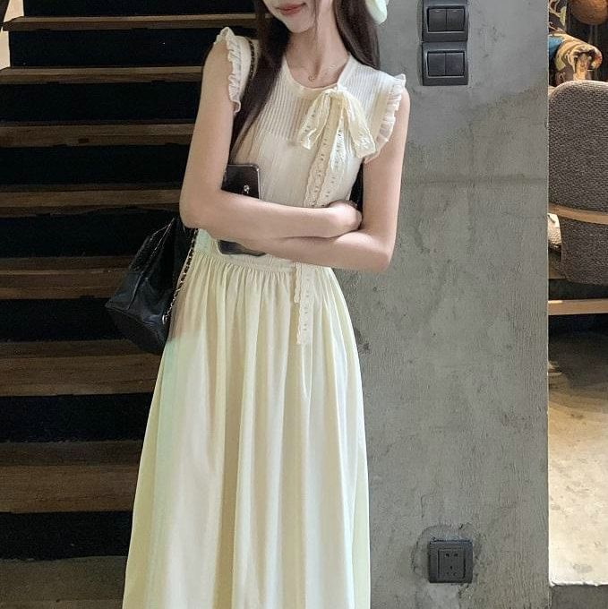 Plain Sleeveless Dress A-Line Crewneck Midi