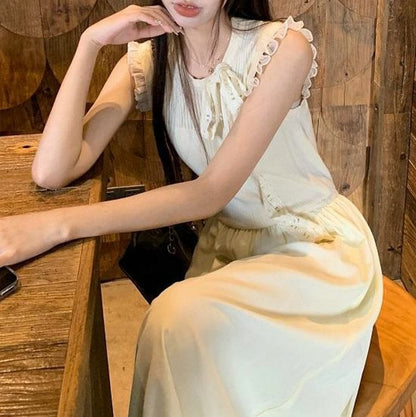 Plain Sleeveless Dress A-Line Crewneck Midi