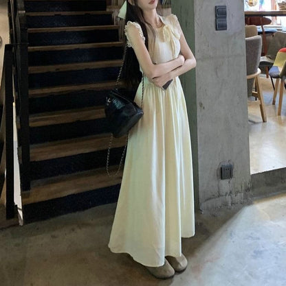 Plain Sleeveless Dress A-Line Crewneck Midi