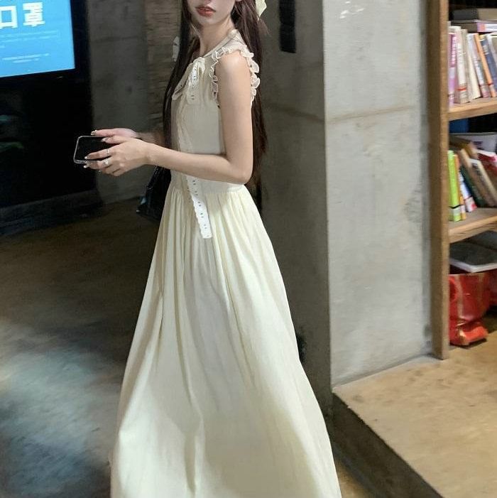 Plain Sleeveless Dress A-Line Crewneck Midi