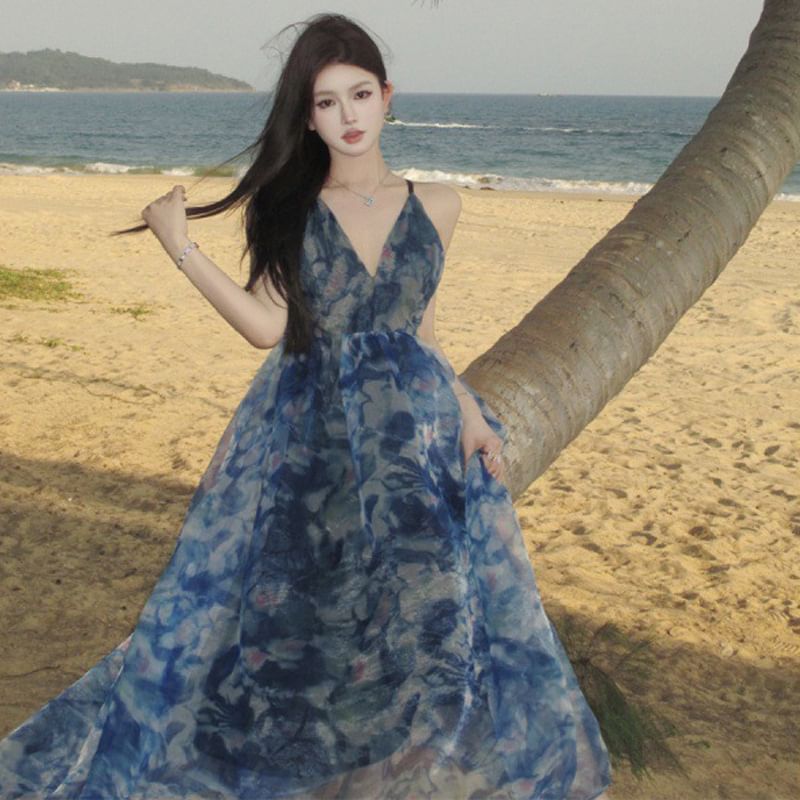 Tie Dress V-Neck Spaghetti Print A-Line Maxi Strap Dye