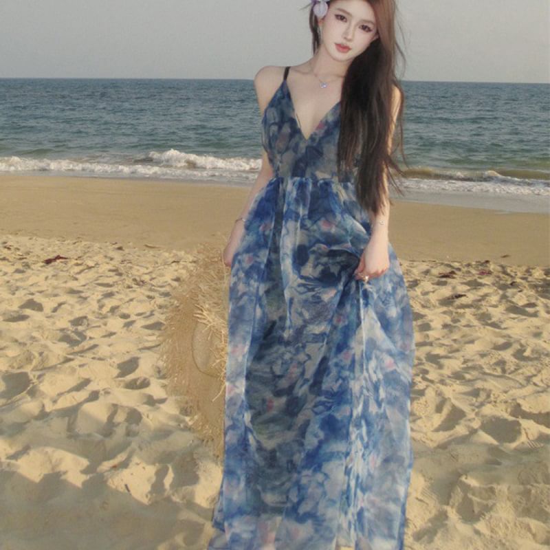 Tie Dress V-Neck Spaghetti Print A-Line Maxi Strap Dye