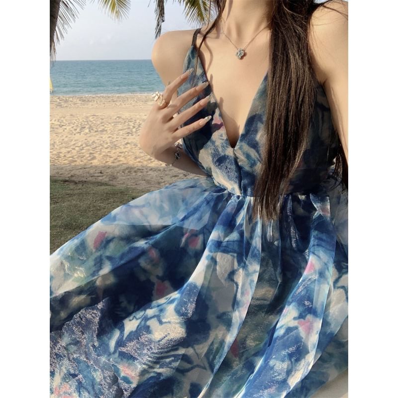 Tie Dress V-Neck Spaghetti Print A-Line Maxi Strap Dye