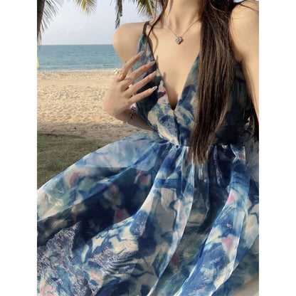 Tie Dress V-Neck Spaghetti Print A-Line Maxi Strap Dye