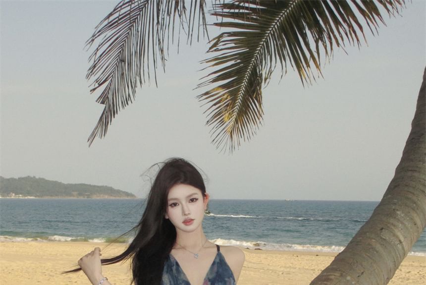 Tie Dress V-Neck Spaghetti Print A-Line Maxi Strap Dye