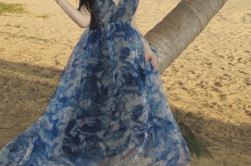 Tie Dress V-Neck Spaghetti Print A-Line Maxi Strap Dye