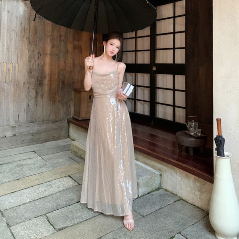 Spaghetti Maxi Strap A-Line Dress Sequin