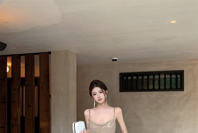 Spaghetti Maxi Strap A-Line Dress Sequin