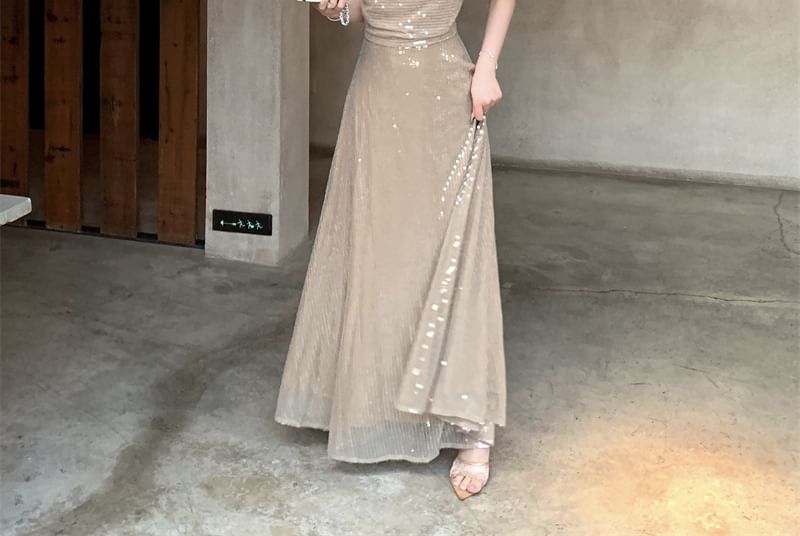 Spaghetti Maxi Strap A-Line Dress Sequin