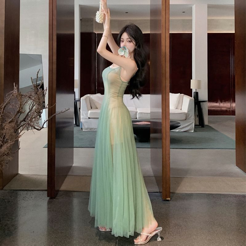 Dress Sheer Scoop Neck A-Line Spaghetti Strap Maxi