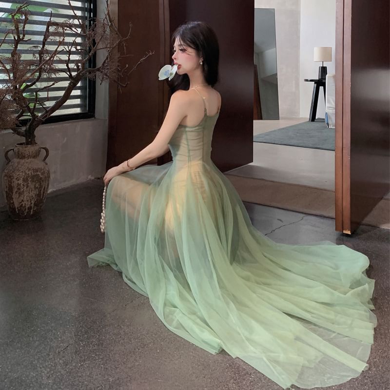 Dress Sheer Scoop Neck A-Line Spaghetti Strap Maxi