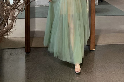 Dress Sheer Scoop Neck A-Line Spaghetti Strap Maxi