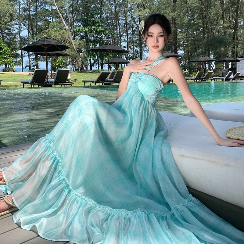 Halter Neck Tie Dress Ruffle Hem Maxi Dye A-Line
