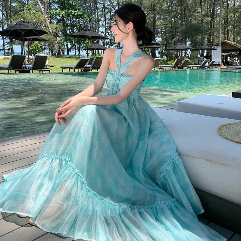 Halter Neck Tie Dress Ruffle Hem Maxi Dye A-Line