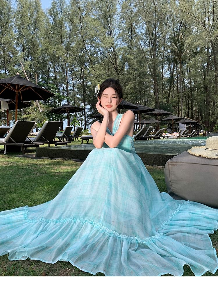 Halter Neck Tie Dress Ruffle Hem Maxi Dye A-Line