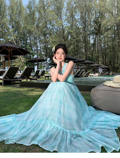 Halter Neck Tie Dress Ruffle Hem Maxi Dye A-Line