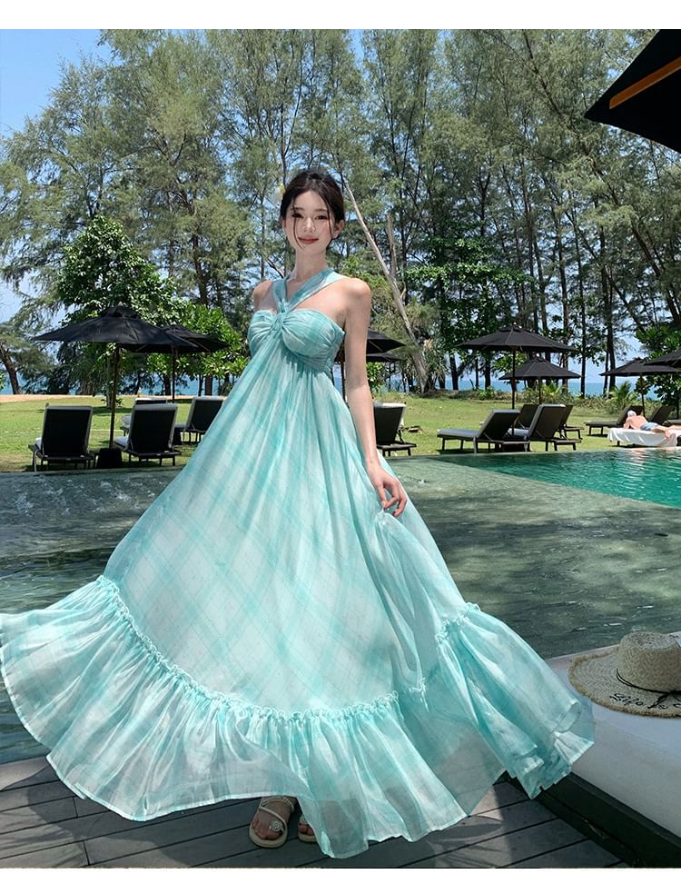 Halter Neck Tie Dress Ruffle Hem Maxi Dye A-Line
