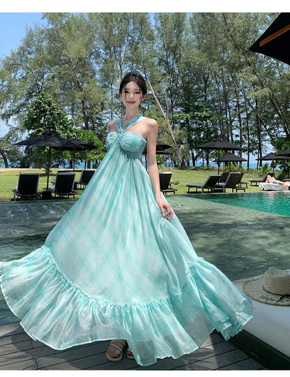 Halter Neck Tie Dress Ruffle Hem Maxi Dye A-Line
