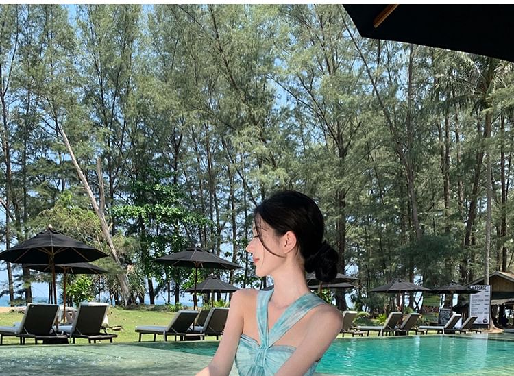 Halter Neck Tie Dress Ruffle Hem Maxi Dye A-Line