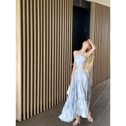 A-Line Tie Dye Dress Spaghetti Strap Halter Cutout Neck Maxi