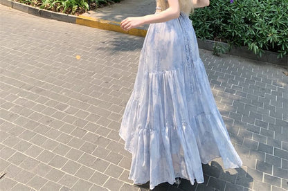 A-Line Tie Dye Dress Spaghetti Strap Halter Cutout Neck Maxi