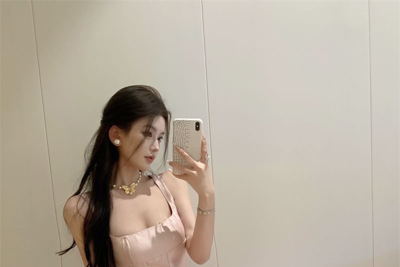 Spaghetti Evening Gown Strap Plain Neck Scoop A-Line