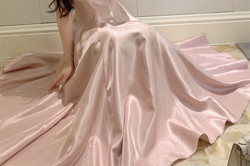 Spaghetti Evening Gown Strap Plain Neck Scoop A-Line