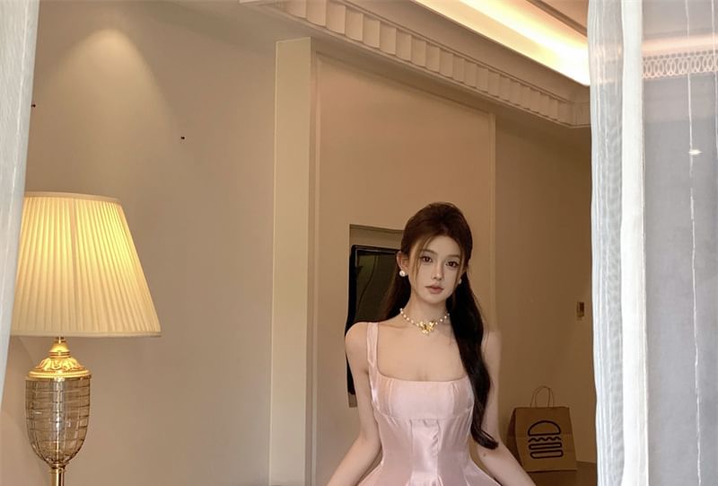 Spaghetti Evening Gown Strap Plain Neck Scoop A-Line