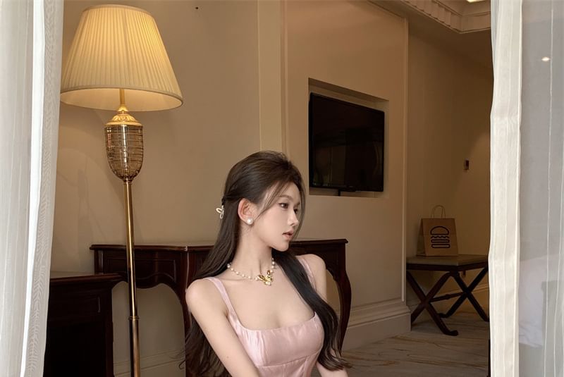 Spaghetti Evening Gown Strap Plain Neck Scoop A-Line