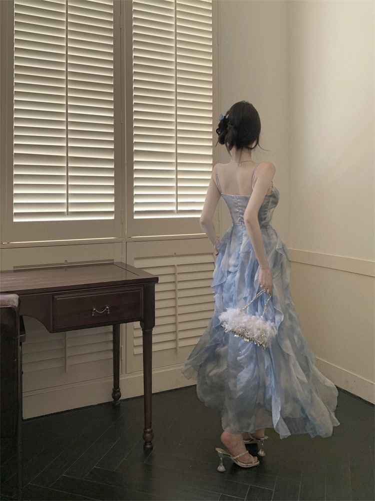 Strap Chiffon Tie Hem Dress Maxi Spaghetti Dye Ruffle Sun