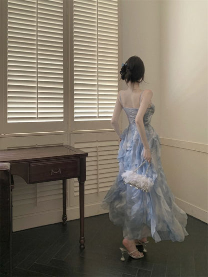 Strap Chiffon Tie Hem Dress Maxi Spaghetti Dye Ruffle Sun