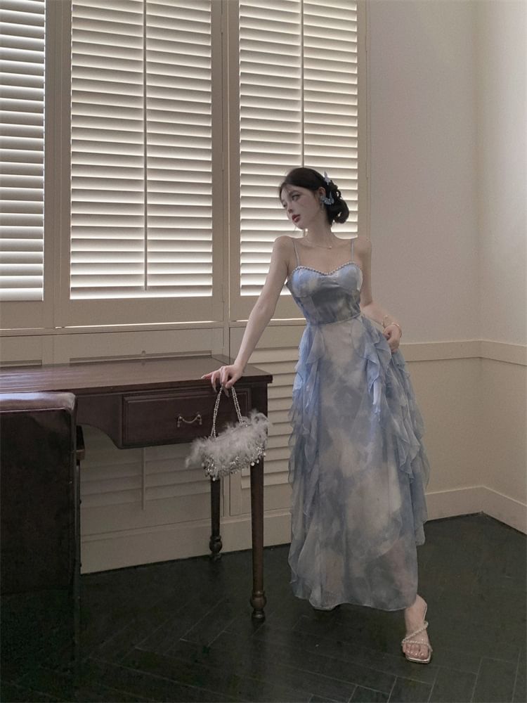 Strap Chiffon Tie Hem Dress Maxi Spaghetti Dye Ruffle Sun