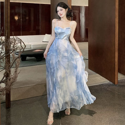 Strap Chiffon Tie Hem Dress Maxi Spaghetti Dye Ruffle Sun