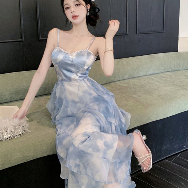 Strap Chiffon Tie Hem Dress Maxi Spaghetti Dye Ruffle Sun