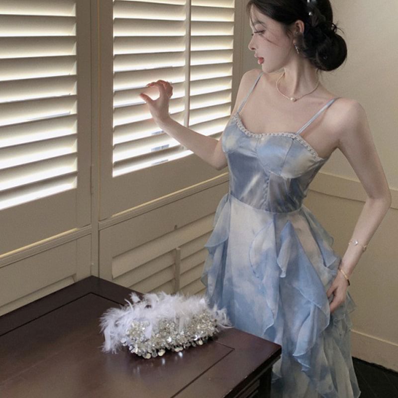 Strap Chiffon Tie Hem Dress Maxi Spaghetti Dye Ruffle Sun