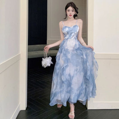 Strap Chiffon Tie Hem Dress Maxi Spaghetti Dye Ruffle Sun