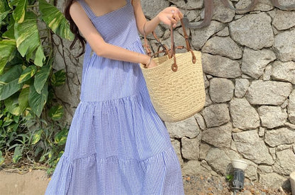 Square Maxi Sun Neck Spaghetti Striped Ruffle Strap Dress