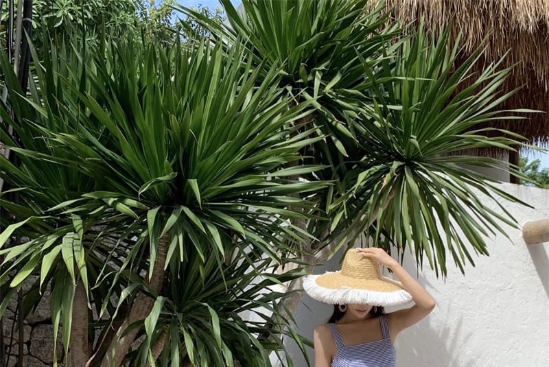 Square Maxi Sun Neck Spaghetti Striped Ruffle Strap Dress