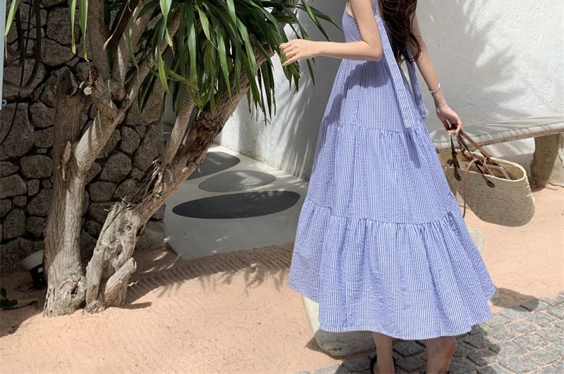 Square Maxi Sun Neck Spaghetti Striped Ruffle Strap Dress