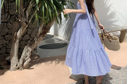 Square Maxi Sun Neck Spaghetti Striped Ruffle Strap Dress