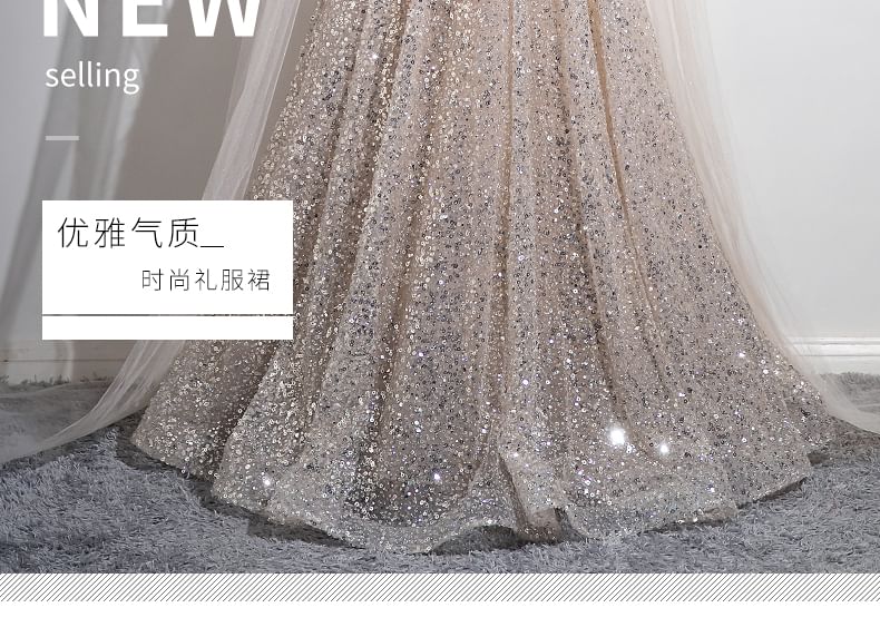 Sleeveless Round Neck Sequin Bow Mesh A-Line Evening Gown