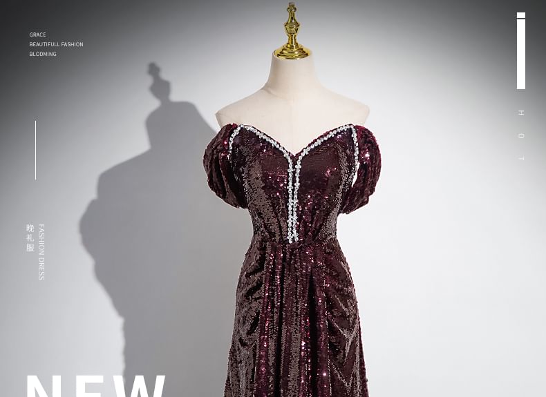 Robe de soirée trapèze unie à manches courtes et épaules dénudées avec strass et sequins