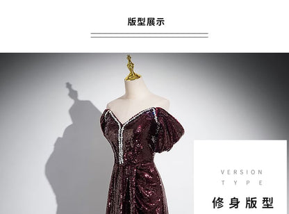 Robe de soirée trapèze unie à manches courtes et épaules dénudées avec strass et sequins