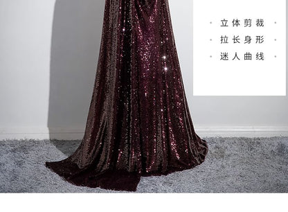 Robe de soirée trapèze unie à manches courtes et épaules dénudées avec strass et sequins