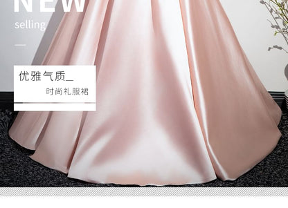 Short-Sleeve Square Neck Two Tone Bow Panel Satin A-Line Evening Gown