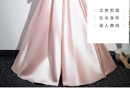 Short-Sleeve Square Neck Two Tone Bow Panel Satin A-Line Evening Gown