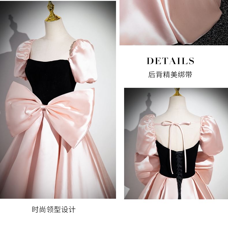 Short-Sleeve Square Neck Two Tone Bow Panel Satin A-Line Evening Gown