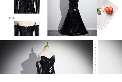 Set: Plain Ruched Faux Leather Mermaid Tube Evening Gown + Gloves