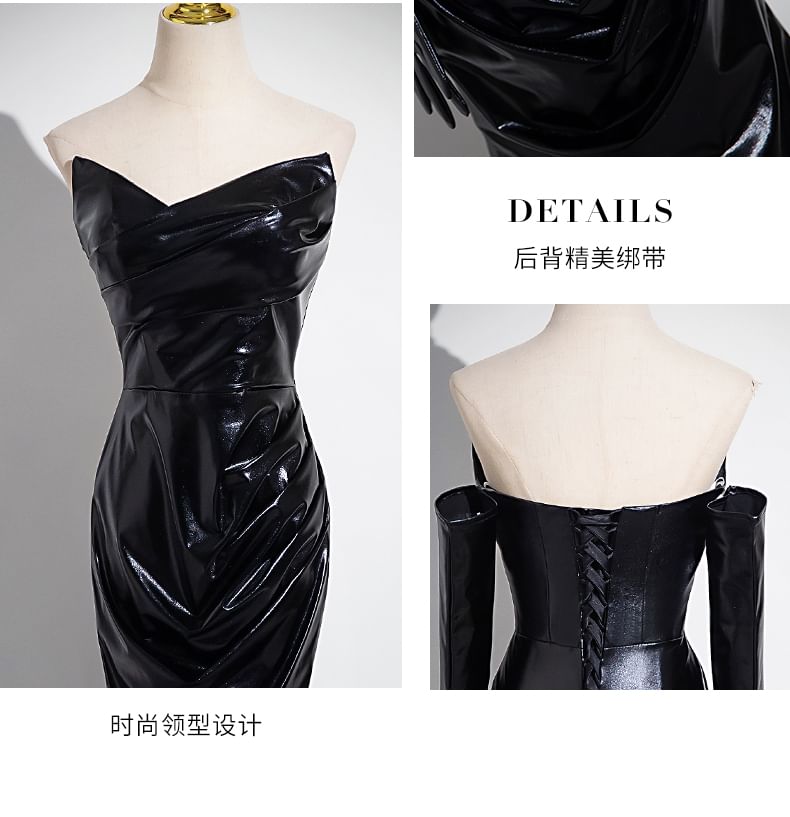 Set: Plain Ruched Faux Leather Mermaid Tube Evening Gown + Gloves